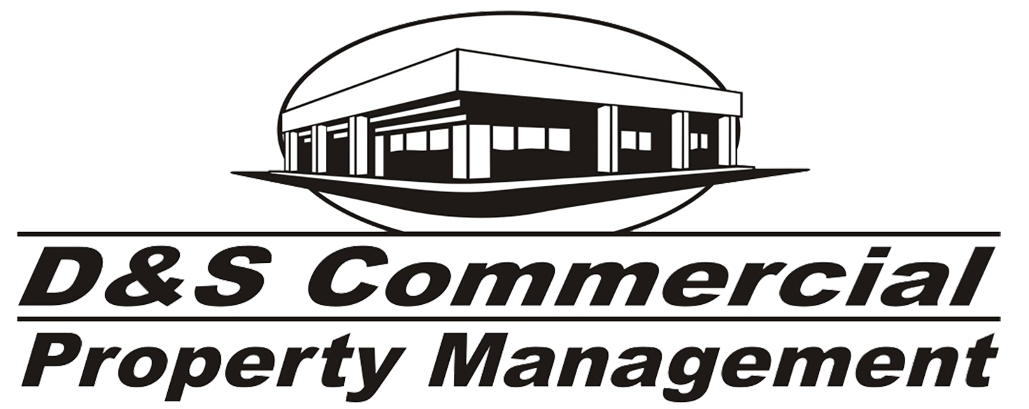 Logo of D&S Commercial Property Management featuring a black and white illustration of a commercial building inside an oval shape, with the company name written below in bold, italicized black text.